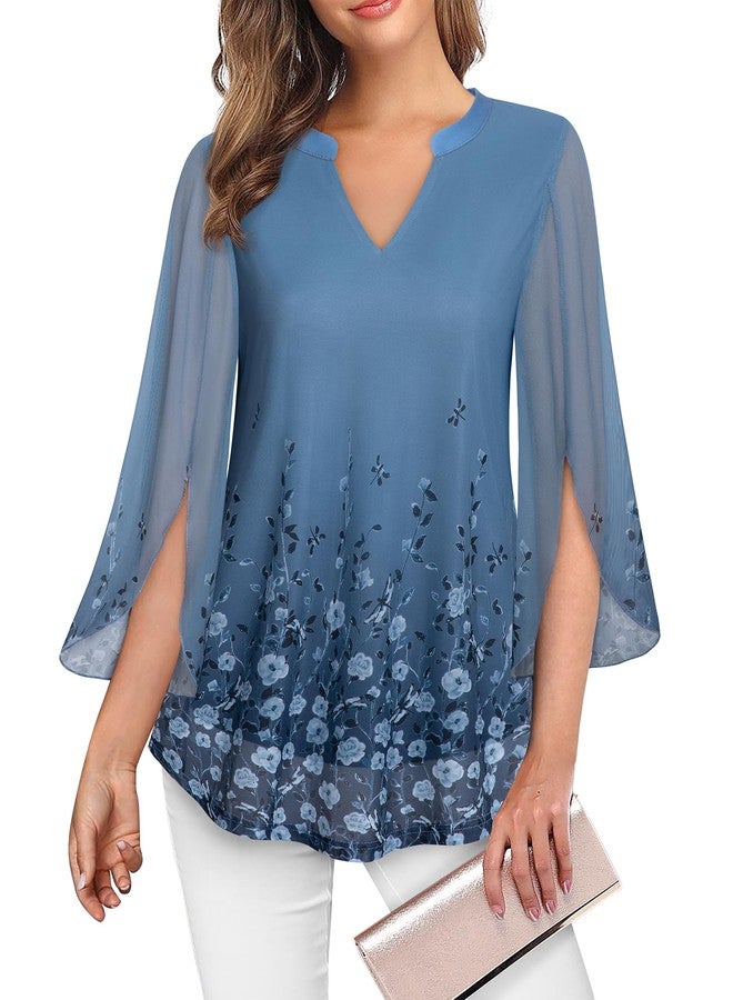 VALOLIA Women's Layered Tops, Wedding Shirts for Women, Blouse for Women Plus Size V Neck Print Tunics Tops for Womens Loose Fit Dressy 3/4 Sleeve Shirts Trendy Multi Blue XXX-Large - Image 3